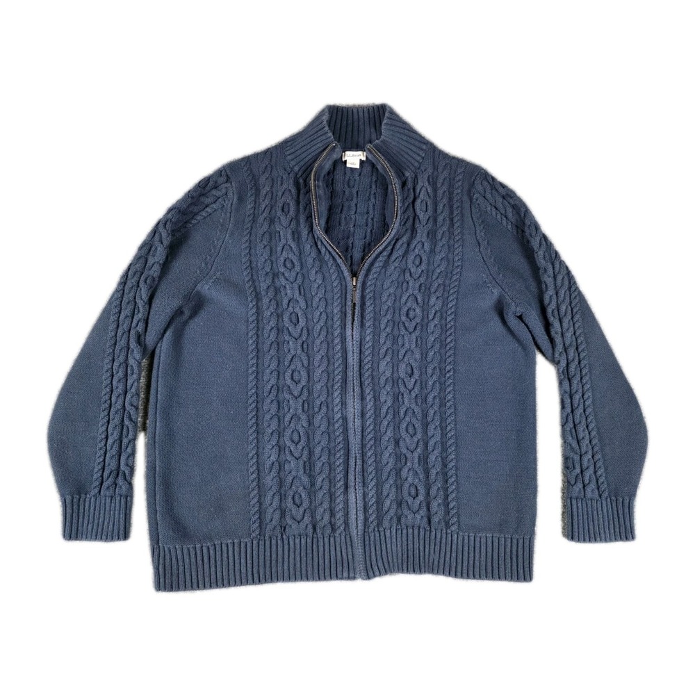 L.L.Bean Sweater Mens XL Navy Blue Cable Knit Full Zip Mock Neck Cardigan Cotton